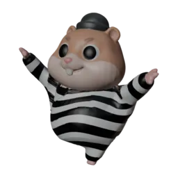 A round hamster wearing a striped burglar outfit